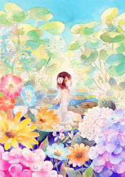 Rule 34 | 1girl, bare shoulders, blue sky, breasts, character request, day, detached sleeves, dress, flower, hair flower, hair ornament, hydrangea, leaf, lily pad, looking at viewer, medium breasts, medium hair, nature, original, painting (medium), plant, red eyes, red hair, rei (456789io), scenery, sitting, sky, solo, traditional media, vocaloid, water, water drop, watercolor (medium), white dress, wings