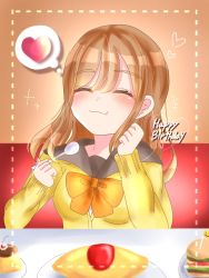 Rule 34 | 1girl, artist name, artist request, blush, bow, bowtie, breasts, brown eyes, brown hair, burger, cake, clenched hand, collarbone, eyebrows, female focus, food, grey sailor collar, hair between eyes, heart, holding, holding spoon, kunikida hanamaru, light brown hair, long hair, long sleeves, looking at viewer, love live!, love live! sunshine!!, matching hair/eyes, orange bow, orange bowtie, parted lips, sailor collar, school uniform, sleeves past wrists, small breasts, smile, solo, spoon, sweater, sweater vest, table, upper body, uranohoshi school uniform, vest, yellow eyes, yellow sweater, yellow vest