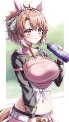 Rule 34 | 1girl, ahoge, alan (210bush), animal ears, belt, blush, bottle, breasts, brown eyes, brown hair, collarbone, commentary request, dantsu flame (umamusume), hair ornament, highres, holding, horse ears, horse girl, horse tail, large breasts, looking at viewer, midriff, navel, open mouth, solo, tail, umamusume, water bottle