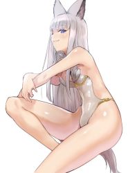 Rule 34 | 10s, 1girl, animal ears, ass, blue eyes, bowcan, breasts, covered navel, covered erect nipples, erune, granblue fantasy, korwa, leotard, long hair, looking at viewer, silver hair, simple background, small breasts, smile, solo, white background