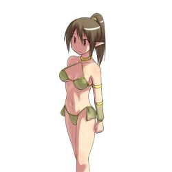 Rule 34 | 1girl, aaaa (quad-a), bad id, bad pixiv id, bikini, breasts, brown hair, elf, medium breasts, original, pointy ears, ponytail, short hair, simple background, solo, swimsuit, white background