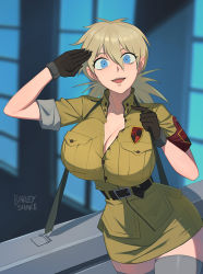 Rule 34 | 1girl, barleyshake, belt, blonde hair, blue eyes, blurry, blurry background, breast pocket, breasts, brown gloves, cleavage, commentary, depth of field, fangs, gloves, hair between eyes, hellsing, highres, indoors, large breasts, long bangs, looking at viewer, medium hair, military, military uniform, open mouth, partially unbuttoned, patch, pocket, romaji commentary, salute, seras victoria, shirt, short sleeves, skirt, smile, solo, strap, thighhighs, uniform, vampire, weapon case, window, yellow shirt, yellow skirt