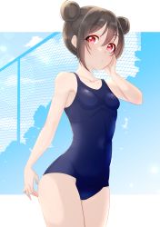 Rule 34 | 1girl, absurdres, bare shoulders, breasts, brown hair, collarbone, covered erect nipples, double bun, hair between eyes, hair bun, hand on own face, highres, kobayashi nyoromichi, looking at viewer, love live!, love live! school idol project, mogyutto &quot;love&quot; de sekkin chuu!, no bra, one-piece swimsuit, red eyes, short hair, sidelocks, simple background, small breasts, solo, swimsuit, thighs, two-tone background, yazawa nico