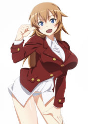 Rule 34 | 1girl, blue eyes, blush, breasts, brown hair, charlotte e. yeager, jacket, large breasts, long hair, looking at viewer, nanashino, no pants, open mouth, panties, red jacket, shirt, simple background, smile, solo, standing, strike witches, underwear, white background, white panties, white shirt, world witches series