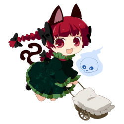 Rule 34 | 1girl, :3, animal ears, braid, cat ears, cat girl, cat tail, chaba (hortensia), chibi, dress, female focus, hair ribbon, kaenbyou rin, lowres, multiple tails, red eyes, red hair, ribbon, skull, solo, tail, touhou, twin braids, twintails, wheelbarrow, white background