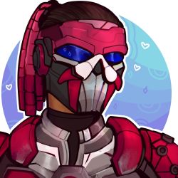 Rule 34 | 1boy, apex legends, apex legends mobile, armor, black bodysuit, bodysuit, brown hair, cable, commentary, commission, english commentary, fade (apex legends), grey jacket, hair slicked back, heart, highres, jacket, looking at viewer, male focus, mask, portrait, red armor, solo, zxidart