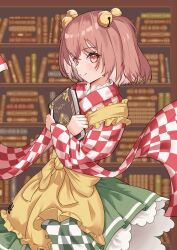 Rule 34 | 1girl, absurdres, apron, bell, blush, book, bookshelf, checkered clothes, checkered kimono, closed mouth, commentary request, commission, cowboy shot, crossed arms, floating clothes, frilled apron, frills, from side, green skirt, hair bell, hair ornament, highres, holding, holding book, indoors, japanese clothes, jingle bell, kimono, long sleeves, looking at viewer, medium hair, motoori kosuzu, pink hair, red eyes, saimu taju, skeb commission, skirt, smile, solo, split mouth, touhou, two side up, wide sleeves, yellow apron
