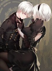 Rule 34 | 1boy, 1girl, aki663, backless dress, backless outfit, black dress, blindfold, unworn blindfold, blush, breasts, buckle, buttons, collar, couple, crying, dress, eyelashes, gloves, hetero, juliet sleeves, long sleeves, looking down, nier (series), nier:automata, pale skin, pantyhose, patterned background, patterned clothing, puffy sleeves, short hair, strap, white hair, 2b (nier:automata), 9s (nier:automata)
