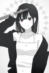 Rule 34 | 1girl, bare shoulders, black hair, black jacket, blush, breasts, camisole, choker, closed mouth, drumsticks, earrings, greyscale, highres, holding, holding drumsticks, jacket, jacket partially removed, jewelry, looking at viewer, medium hair, midriff, monochrome, mr yheu, navel, open clothes, open jacket, qiao ling, shiguang dailiren, simple background, smile, solo, upper body, v, white background