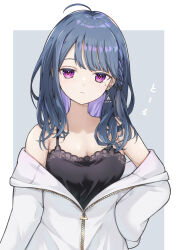 Rule 34 | 1girl, absurdres, ahoge, black camisole, blue hair, braid, breasts, cagasyo, camisole, cleavage, closed mouth, earrings, hand on own hip, highres, jacket, jewelry, koshimizu toru, long sleeves, looking at viewer, medium breasts, medium hair, mole, mole under eye, nijisanji, partially unzipped, purple eyes, solo, swept bangs, triangle earrings, upper body, virtual youtuber, white jacket