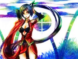 Rule 34 | 1girl, aosoran, arc system works, arms up, black bra, black hair, blazblue, blazblue: calamity trigger, bra, breasts, china dress, chinese clothes, cleavage, dress, female focus, glasses, gradient background, lao jiu, litchi faye ling, long hair, nature, outdoors, panda, plant, ponytail, red eyes, solo, underwear, very long hair, white background