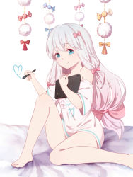 Rule 34 | 1girl, absurdres, adrenaline!!!, bare shoulders, barefoot, blue eyes, blue hair, blush, bow, candy, closed mouth, collarbone, drawing tablet, eromanga sensei, flower, full body, gradient hair, hair between eyes, hair bow, hair flower, hair ornament, head tilt, heart, highres, holding, izumi sagiri, ku luo mofa shi, long hair, looking at viewer, multicolored hair, off shoulder, pink bow, pink hair, shirt, sitting, smile, solo, stylus, very long hair, white background, white shirt, wrapped candy