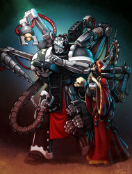 Rule 34 | 1boy, 1girl, absurdres, adeptus astartes, adeptus mechanicus, armor, black hair, blush, breastplate, cellphone, claw (weapon), commentary, drill, english commentary, flamethrower, full body, game console, games workshop, green eyes, height, height difference, highres, holding, hooded robe, iron hands (warhammer), long hair, mechanical tentacles, microsoft, nokia (company), nokia 3310, pelvic curtain, phone, red hood, red robe, robe, servo-skull, skull, techpriest, time paradox, warhammer 40k, weapon, xbox, zliva