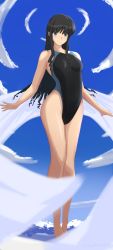Rule 34 | 1girl, absurdres, amagami, arms at sides, black hair, black one-piece swimsuit, blue eyes, blue sky, breasts, cloud, competition school swimsuit, drill hair, drill sidelocks, feet out of frame, highleg, highleg swimsuit, highres, long hair, looking at viewer, medium breasts, mitojyaneeeeyo, morishima haruka, one-piece swimsuit, school swimsuit, sidelocks, sky, solo, standing, swimsuit, two-tone swimsuit, unfinished