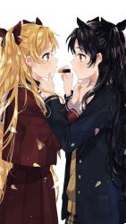 Rule 34 | 2girls, bad id, bad twitter id, black bow, black hair, blonde hair, blue coat, bow, brown eyes, brown sweater, coat, cosmetics, ereshkigal (fate), eye contact, fate/grand order, fate (series), from side, hair bow, highres, holding lipstick, i (yunyuniraaka), ishtar (fate), lipstick tube, long hair, looking at another, multiple girls, pleated skirt, red bow, red eyes, red shirt, red skirt, sailor collar, shirt, simple background, skirt, standing, sweater, twintails, very long hair, white background, white sailor collar