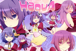Rule 34 | 1girl, alternate costume, apron, armband, ass, b (kana0816), blush, cape, character name, character sheet, chibi, chopsticks, covering privates, dress, embarrassed, fried rice, frying pan, hair ornament, haqua d&#039;rot herminium, highres, kami nomi zo shiru sekai, long hair, long sleeves, looking away, looking back, nude, nude cover, open mouth, purple eyes, purple hair, serious, shawl, skull, skull hair ornament, smile, standing, thighhighs, wavy mouth, zettai ryouiki