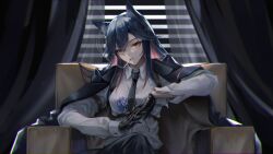 Rule 34 | 1girl, animal ears, arknights, armchair, black coat, black gloves, black hair, black necktie, blue flower, blue rose, chair, cigarette, coat, coat on shoulders, collared shirt, colored inner hair, curtains, flower, gloves, highres, holding, holding flower, indoors, long hair, long sleeves, looking at viewer, multicolored hair, necktie, orange eyes, own hands together, parted lips, pink hair, rose, shirt, sitting, solo, texas (arknights), texas the omertosa (arknights), two-tone hair, white shirt, window, wolf ears, z 05