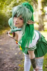 Rule 34 | 1girl, armor, breasts, cleavage, cosplay, echidna (cosplay), echidna (queen&#039;s blade), elf, female focus, green hair, green nails, highres, k-a-n-a, large breasts, nail polish, photo (medium), pointy ears, queen&#039;s blade, snake, solo