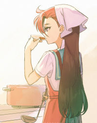 Rule 34 | 1girl, aozora middle school uniform, apron, closed mouth, collared shirt, cooking, green sailor collar, grey background, holding, long hair, pleated skirt, precure, profile, purple eyes, red apron, red hair, sailor collar, sailor shirt, school uniform, shirt, short sleeves, skirt, solo, takizawa asuka, tropical-rouge! precure, very long hair, white shirt, yuzu sato