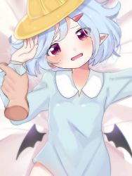 Rule 34 | 1girl, alternate costume, arm up, bed sheet, black wings, blue hair, blue shirt, blush, collared shirt, commentary request, detached wings, disembodied hand, eringi (rmrafrn), fang, fingernails, hair ornament, hairclip, hat, head tilt, holding another&#039;s wrist, looking at viewer, low wings, lying, mini wings, on back, open mouth, pointy ears, red eyes, remilia scarlet, school hat, shirt, solo focus, tears, touhou, wings, yellow hat