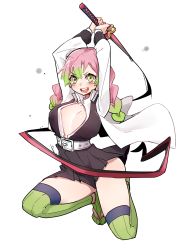 Rule 34 | 1girl, arms up, belt, black skirt, blush, braid, breasts, cleavage, coat, dangogo, full body, gradient hair, green eyes, green hair, green thighhighs, haori, heart, heart print, highres, japanese clothes, kanroji mitsuri, katana, kimetsu no yaiba, kneeling, large breasts, long hair, long sleeves, looking at viewer, miniskirt, multicolored hair, on one knee, open mouth, partially unbuttoned, pink hair, pleated skirt, ribbed legwear, simple background, skirt, smile, solo, sword, thighhighs, thighs, twin braids, two-tone hair, uniform, weapon, whip sword, white background, wide sleeves