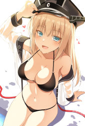 Rule 34 | 1girl, alternate costume, bikini, bikini under clothes, bismarck (kancolle), blonde hair, blush, breasts, halterneck, hat, heart, highres, kantai collection, large breasts, long hair, looking at viewer, navel, o-ring, ohta yuichi, open mouth, outdoors, peaked cap, see-through, sitting, skindentation, smile, solo, string bikini, swimsuit, wet