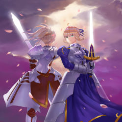 Rule 34 | 2girls, absurdres, ahoge, armor, armored dress, artoria pendragon (all), artoria pendragon (fate), back-to-back, blonde hair, braid, clarent (fate), cloud, dark clouds, excalibur (fate/stay night), fate/grand order, fate (series), gauntlets, green eyes, highres, holding, holding sword, holding weapon, mordred (fate), mordred (fate/apocrypha), mother and daughter, multiple girls, petals, saber (fate), short hair, short ponytail, sunlight, sword, weapon, ysh (yysshh)