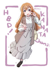 1girl absurdres ankle_socks bag black_footwear blush brown_hair brown_vest casual dot_nose double_v dress english_text grey_dress grey_socks hair_between_eyes hair_ornament hairclip handbag happy_birthday highres jewelry konoe_kanata light_smile loafers long_hair looking_at_viewer love_live! love_live!_nijigasaki_high_school_idol_club maruyo messy_hair necklace open_mouth purple_eyes raised_eyebrows shoes simple_background socks solo standing standing_on_one_leg text_background turtleneck v vest white_background