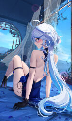 Rule 34 | 1girl, absurdres, ahoge, backless dress, backless outfit, balcony, bare shoulders, black gloves, blue dress, blue eyes, blue hair, blue sky, blush, closed mouth, commentary, curtains, day, dress, earrings, english commentary, feint721, from behind, full body, furina (genshin impact), genshin impact, gloves, high heels, highres, jewelry, lens flare, light particles, long hair, looking back, multicolored hair, paid reward available, patent heels, pumps, shoes, sitting, sky, solo, stiletto heels, streaked hair, thigh strap, thighs, very long hair, white hair, window
