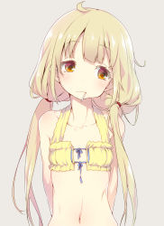Rule 34 | 10s, 1girl, arms behind back, bare shoulders, blonde hair, breasts, brown eyes, candy, collarbone, flat chest, food, futaba anzu, idolmaster, idolmaster cinderella girls, lollipop, long hair, looking away, mouth hold, navel, nilitsu, simple background, solo, twintails