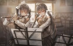 Rule 34 | 2girls, ahoge, artist name, black skirt, blurry, depth of field, finger to mouth, flute, grey hair, hair ornament, hair ribbon, hair scrunchie, head tilt, highres, holding, index finger raised, indoors, instrument, light particles, long hair, long sleeves, low twintails, multiple girls, music, music stand, open mouth, orange eyes, original, playing instrument, pleated skirt, pvmivs, ribbon, school uniform, scrunchie, sepia, sheet music, shirt, skirt, standing, twintails, very long hair, vest, white ribbon, white shirt, window