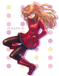 Rule 34 | 1girl, alternate costume, black pantyhose, blue eyes, boots, boyaking, brown hair, character name, coat, long hair, looking at viewer, neon genesis evangelion, open mouth, pantyhose, pleated skirt, skirt, smile, solo, souryuu asuka langley, turtleneck, twintails, two side up