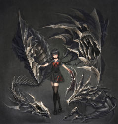 1girl black_hair black_thighhighs blood dress female_focus grey_background highres houjuu_nue red_eyes short_hair smile solo teeth thighhighs touhou wings zhengyifan7