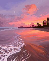 Rule 34 | beach, blue sky, building, city, cloud, commentary, english commentary, gradient sky, horizon, jubilee (8pxl), no humans, ocean, original, outdoors, pixel art, scenery, sky, sunset, water