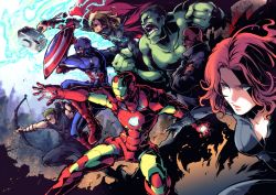 Rule 34 | armor, avengers (series), bald, black widow, blonde hair, bow (weapon), breasts, cape, captain america, cleavage, clenched hands, colored skin, crossed arms, dark-skinned male, dark skin, eyepatch, fingerless gloves, gloves, green skin, grin, hawkeye (marvel), highres, hulk, iron man, ishiyumi, lightning, marvel, mjolnir (marvel), nick fury, power armor, quiver, red hair, shield, smile, thick outlines, thor (marvel), weapon