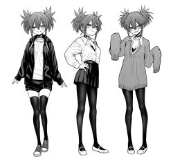Rule 34 | 1girl, blush, bra, breasts, choker, cleavage, fumitan (humitan), greyscale, gym uniform, hair between eyes, hand on own hip, highres, jacket, looking at viewer, monochrome, multiple views, original, pantyhose, pleated skirt, school uniform, shorts, simple background, skirt, sleeves past wrists, smile, thighhighs, two side up, underwear, white background
