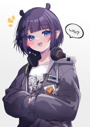 Rule 34 | 1girl, :d, blue eyes, blunt bangs, blush, commentary, english commentary, fang, fuumeh, headphones, headphones around neck, highres, hololive, hololive english, hood, hoodie, looking at viewer, mole, mole under eye, ninomae ina&#039;nis, ninomae ina&#039;nis (loungewear), notice lines, official alternate costume, official alternate hair length, official alternate hairstyle, open mouth, pixie cut, pointy ears, purple hair, purple hoodie, shirt, short hair, simple background, sleeves past wrists, smile, solo, speech bubble, twitter username, upper body, virtual youtuber, white background, white shirt
