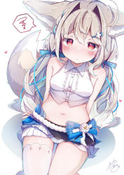 Rule 34 | 1girl, :&lt;, ahoge, animal ear fluff, animal ears, bare shoulders, blush, breasts, closed mouth, collared shirt, commentary request, commission, commissioner upload, crop top, dress shirt, ears down, fox ears, fox girl, fox tail, hair between eyes, hair intakes, highres, komugi (2212), large ears, long hair, looking at viewer, midriff, navel, original, panties, red eyes, sakurada shiro (hy plus), shirt, simple background, single thighhigh, skeb commission, sleeveless, sleeveless shirt, small breasts, solo, spoken squiggle, squiggle, tail, tears, thighhighs, underwear, very long hair, white background, white hair, white panties, white shirt, white thighhighs