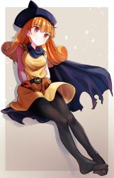 Rule 34 | 1girl, alena (dq4), breasts, cape, chil0107, closed mouth, curly hair, dragon quest, dragon quest iv, dress, gloves, hat, highres, long hair, orange hair, pantyhose, red eyes, simple background, smile, solo, tokuhonnti ru