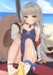 Rule 34 | azur lane, barefoot, beach, blue one-piece swimsuit, breasts, cloud, collarbone, commentary request, cross, day, feet, footjob, fujieda uzuki, gloves, grey hair, hair ornament, hat, highres, iron cross, jewelry, long hair, looking at viewer, mole, mole under eye, necklace, ocean, one-piece swimsuit, sky, small breasts, solo, straw hat, swimsuit, toes, yellow eyes, z46 (azur lane), z46 (her first summer) (azur lane)