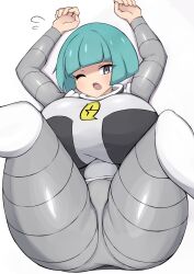 Rule 34 | 1girl, aqua hair, arms up, blunt bangs, blush, bob cut, breasts, breasts on lap, creatures (company), feet out of frame, female focus, flying sweatdrops, from above, game freak, grey eyes, highres, huge breasts, jaga334, logo, long sleeves, looking at viewer, lying, nintendo, on back, one eye closed, open mouth, pokemon, pokemon dppt, short hair, simple background, solo, spread legs, team galactic, team galactic grunt, team galactic uniform, tearing up, thick thighs, thighs, uniform, white background