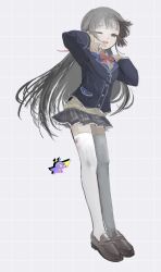 Rule 34 | 1girl, black eyes, black hair, blue jacket, bow, bowtie, brown footwear, chibi, chibi inset, commentary, cursor, drop shadow, floating hair, full body, grey background, grey skirt, grid background, hair ornament, hairclip, half-closed eyes, hands up, highres, hitonatz, jacket, light blush, loafers, long sleeves, looking at viewer, miniskirt, nijisanji, one eye closed, open mouth, plaid, plaid skirt, pleated skirt, raised eyebrows, red bow, red bowtie, shirt, shoes, skirt, smile, solo focus, sweater, thighhighs, tsukino mito, tsukino mito (1st costume), virtual youtuber, white shirt, white thighhighs, yellow sweater, zettai ryouiki