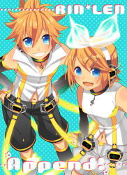Rule 34 | 1boy, 1girl, aqua eyes, bad id, bad pixiv id, bare shoulders, blonde hair, blush, brother and sister, detached sleeves, from above, geji (rodents), hair ornament, hair ribbon, hairclip, hands on own hips, headphones, highres, kagamine len, kagamine len (append), kagamine rin, kagamine rin (append), leg warmers, looking up, nail polish, navel, open mouth, popped collar, ribbon, short hair, shorts, siblings, smile, twins, vocaloid, vocaloid append
