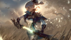 Rule 34 | 1girl, backlighting, blonde hair, blue eyes, breasts, capelet, closed mouth, cloud, coattails, commission, floating hair, gauntlets, genshin impact, glowing, glowing weapon, grass, hair between eyes, hair ribbon, high collar, highres, holding, holding sword, holding weapon, jacket, jean (genshin impact), long hair, looking afar, medium breasts, official art, outdoors, pants, ponytail, popped collar, raikoart, revision, ribbon, sheath, sidelocks, solo, sunlight, sword, unsheathing, weapon, wind