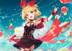 Rule 34 | 1girl, :d, ainy, annette (king&#039;s raid), arm up, balloon, black choker, black dress, blonde hair, blue eyes, blue sky, blush, breasts, character request, choker, commentary request, confetti, cowboy shot, day, dress, fingerless gloves, garter straps, gloves, hair between eyes, hair ribbon, head tilt, highres, holding, king&#039;s raid, looking at viewer, medium breasts, nail polish, o-ring, open mouth, outdoors, red gloves, red nails, red ribbon, ribbon, short dress, short hair, single glove, sky, smile, solo, standing, thighs, wrist cuffs