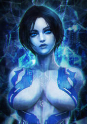 Rule 34 | 1girl, absurdres, black hair, blue eyes, blue scarf, blue skin, bodypaint, breasts, colored skin, commentary, cortana, english commentary, forehead, halo (game), halo (series), highres, hologram, lips, medium breasts, monori rogue, neck tattoo, no nipples, nose, painted clothes, portrait, scarf, short hair, solo, tattoo