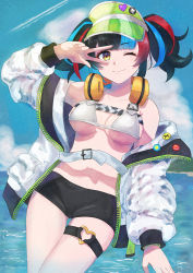 Rule 34 | 1girl, absurdres, arisyooon, badge, bare shoulders, beach, bikini, black hair, black shorts, blue hair, blue sky, blush, breasts, button badge, cleavage, fate/grand order, fate (series), green hat, hat, headphones, headphones around neck, highres, jacket, large breasts, long hair, long sleeves, looking at viewer, multicolored hair, navel, ocean, off shoulder, open clothes, open jacket, red hair, sei shounagon (fate), sei shounagon (swimsuit berserker) (fate), short shorts, shorts, sidelocks, sky, smile, solo, swimsuit, thigh strap, thighs, twintails, visor cap, w, wading, white bikini, white jacket, yellow eyes