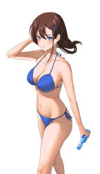 Rule 34 | 1girl, absurdres, arm up, armpit crease, bikini, blue bikini, blue eyes, blush, bottle, breasts, brown hair, cleavage, collarbone, commentary, feet out of frame, gani1127, hair ornament, hairclip, halterneck, highres, holding, holding bottle, looking at viewer, medium breasts, medium hair, navel, original, parted lips, plastic bottle, side-tie bikini bottom, simple background, solo, standing, string bikini, swimsuit, symbol-only commentary, white background
