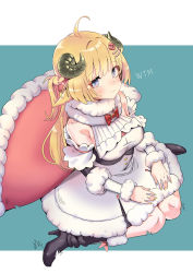 Rule 34 | 1girl, absurdres, bare shoulders, black footwear, blonde hair, blunt bangs, boots, bow, breasts, cape, center opening, character name, chen yang yang, cleavage, commentary request, cowlick, curled horns, detached sleeves, eyelashes, full body, fur trim, hair ornament, hairclip, high heel boots, high heels, highres, holoforce, hololive, horns, knees together feet apart, long hair, looking at viewer, looking up, pink eyes, sheep girl, sitting, solo, taut clothes, tsunomaki watame, tsunomaki watame (1st costume), virtual youtuber, wariza