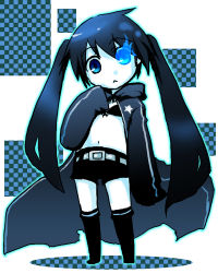 Rule 34 | 10s, 1girl, :&lt;, belt, bikini, bikini top only, black bikini, black hair, black rock shooter, black rock shooter (character), blue eyes, cape, chibi, female focus, full body, glowing, glowing eyes, long hair, long sleeves, monochrome, navel, shorts, solo, spot color, swimsuit, twintails, uneven twintails
